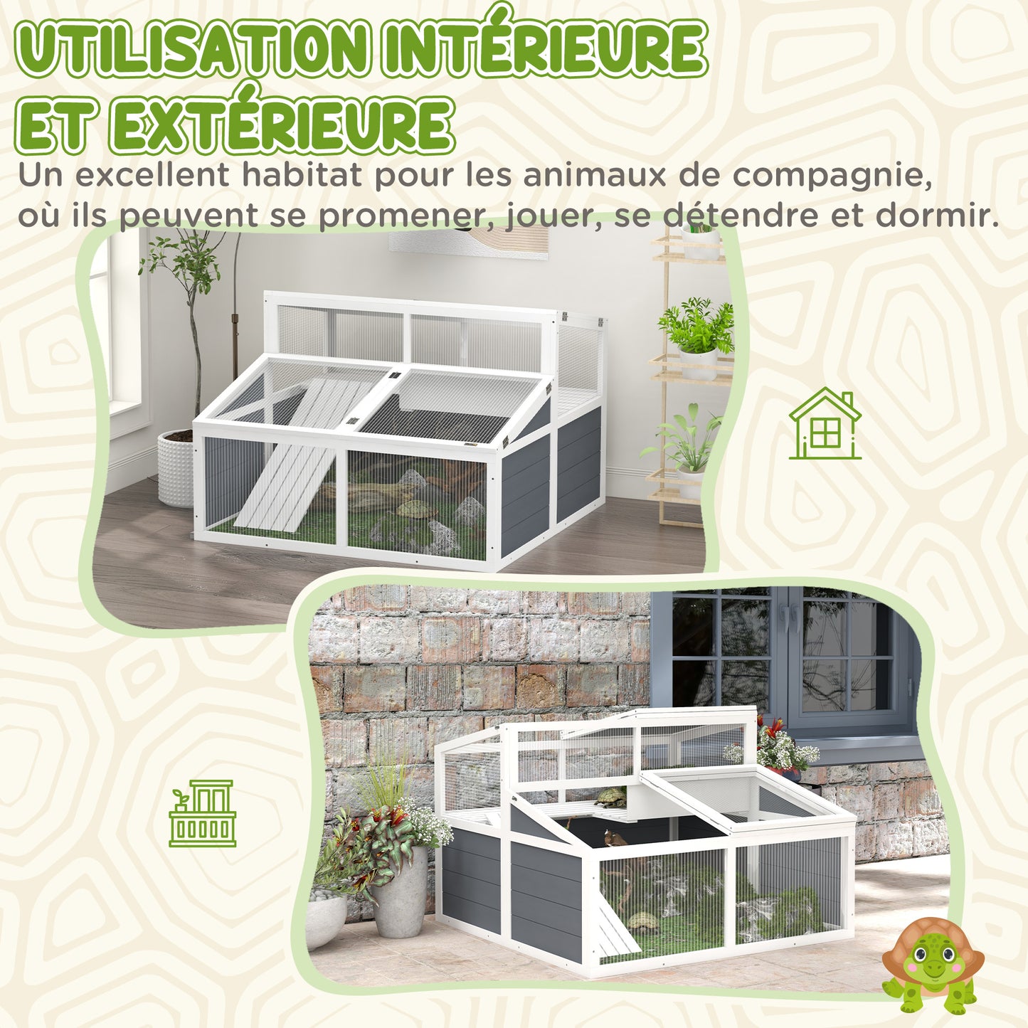 Turtle Huis – Schildpadden Verblijf – Terrarium – Buitenren – Houten Kweekverblijf – Dubbele Verdieping – 3 Deuren en Toegangsluis – 115x115x82 cm Grijs