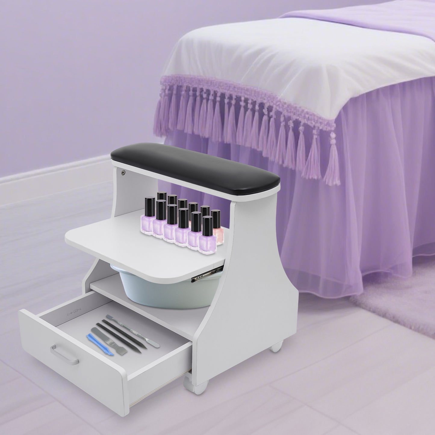 Nageltafel – Manicuretafel – Pedicuretafel – Nagelsalontafel – Werkbank – 3 Opbergniveaus – Brede Voetbadplatform – Vergrendelbare Zwenkwieltjes – Zwart