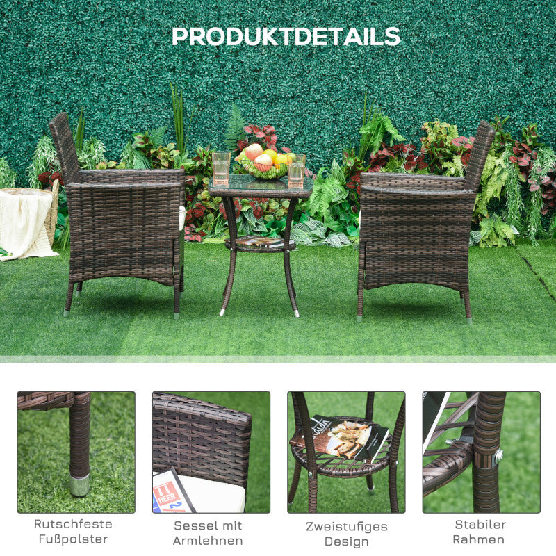 Bistroset – Tuinset – Balkonset – Tuinmeubel – Buitenset – Inklapbaar – Rattan Met Kussens – Temperglas Marmerlook Tafelblad – Weerbestendig – Compact Voor Kleine Ruimtes