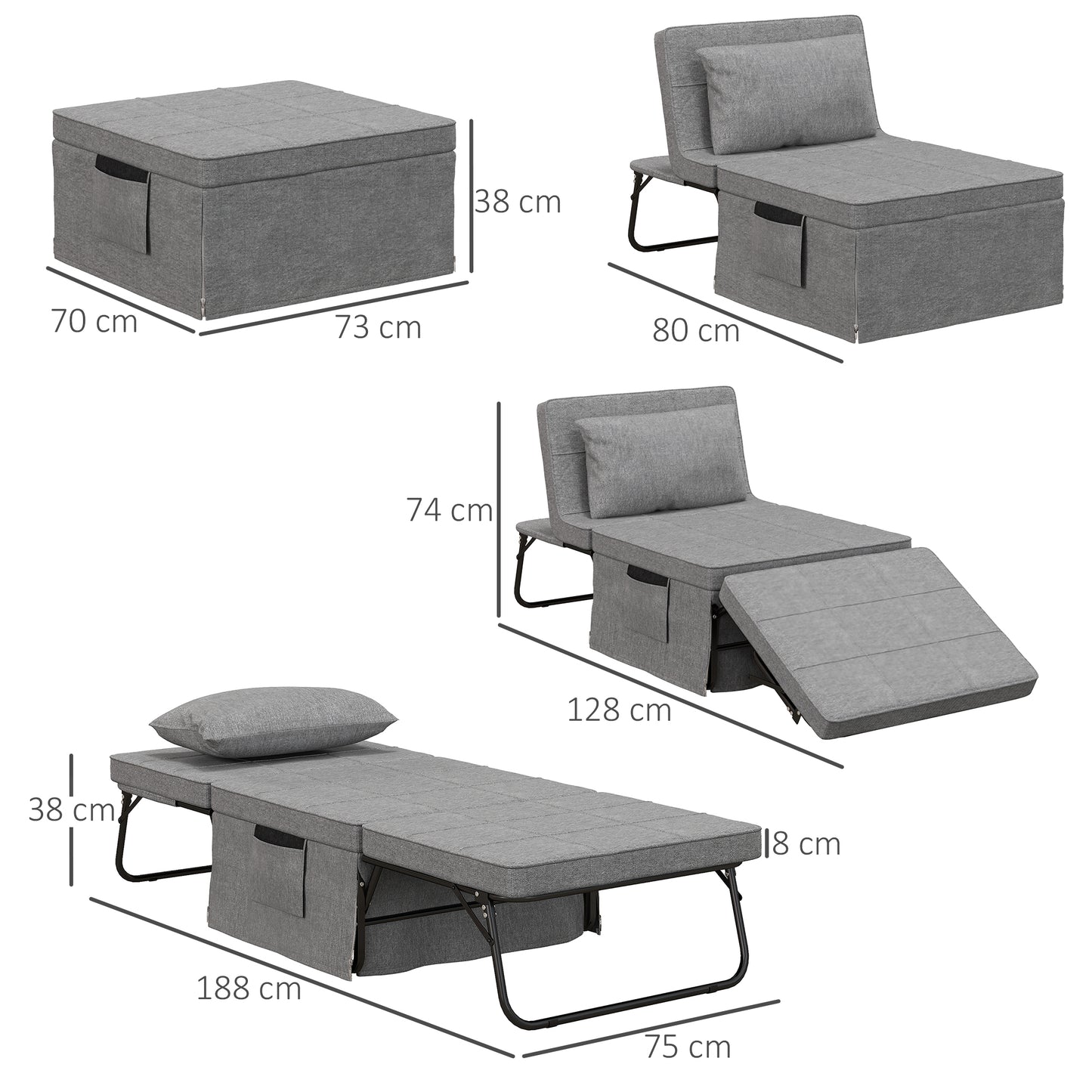 4-in-1 Opvouwbaar Bed – Guestbed – Opklapbed – Verstelbaar Bed – Extra Slaapplek – Met Matras – Met Zijvakjes – Stabiel Metaalframe – Grijs – 188x75x38 cm