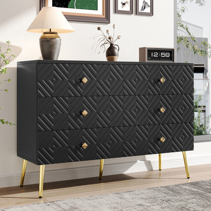 Ladekast – Ladenkast – Commode – Opbergkast – Dressoir – Zes Lades – Modern Ontwerp – 120x40x80 cm – Zwart Met Gouden Accenten – Metalen Poten – Stevig & Duurzaam