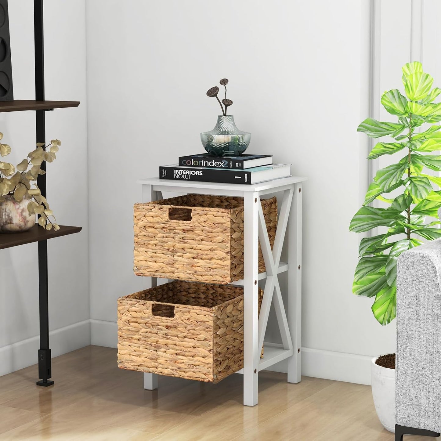 Nachtkastje – Bijzettafel – Opbergkastje – Slaapkamerkastje – Mandenkastje – Set van 2 – Smal X-Design – MDF Met Rotan Manden – 3 Niveaus – Wit