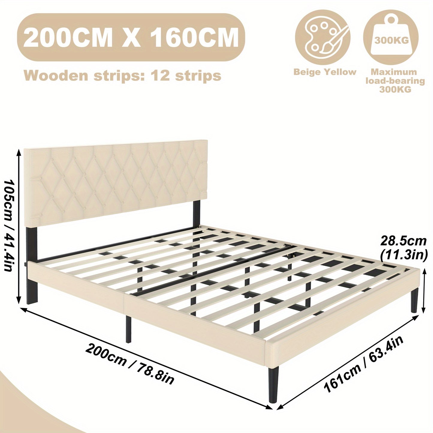 Bedframe – Bed – Bedframe Met Opbergruimte – Gestoffeerd Bed – Tweepersoonsbed – Beige Kunstleren Bekleding – Stevig MDF Metalen Frame – 160x200 cm