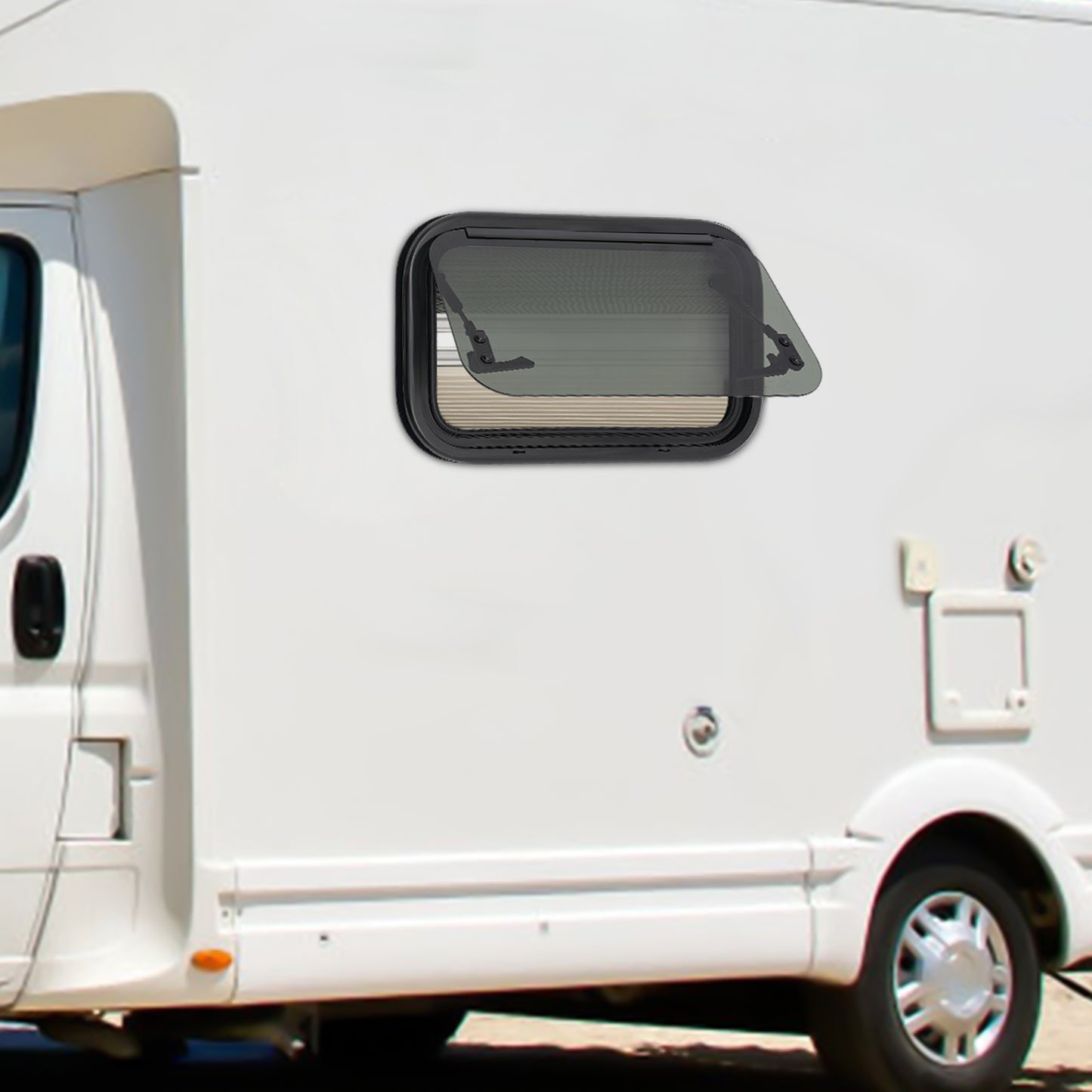 Caravanraam – Camperraam – Schuifraam – Uitzetraam – Zijraam – Aluminium Frame – Zwart Gehard Glas – 500x300mm – Inclusief Hor en Zonwering