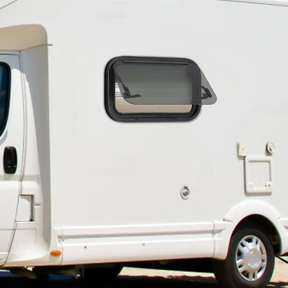 Caravanraam – Camperraam – Schuifraam – Uitzetraam – Zijraam – Aluminium Frame – Zwart Gehard Glas – 500x300mm – Inclusief Hor en Zonwering