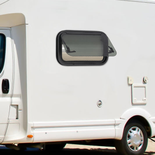 Caravanraam – Camperraam – Schuifraam – Uitzetraam – Zijraam – Aluminium Frame – Zwart Gehard Glas – 500x300mm – Inclusief Hor en Zonwering