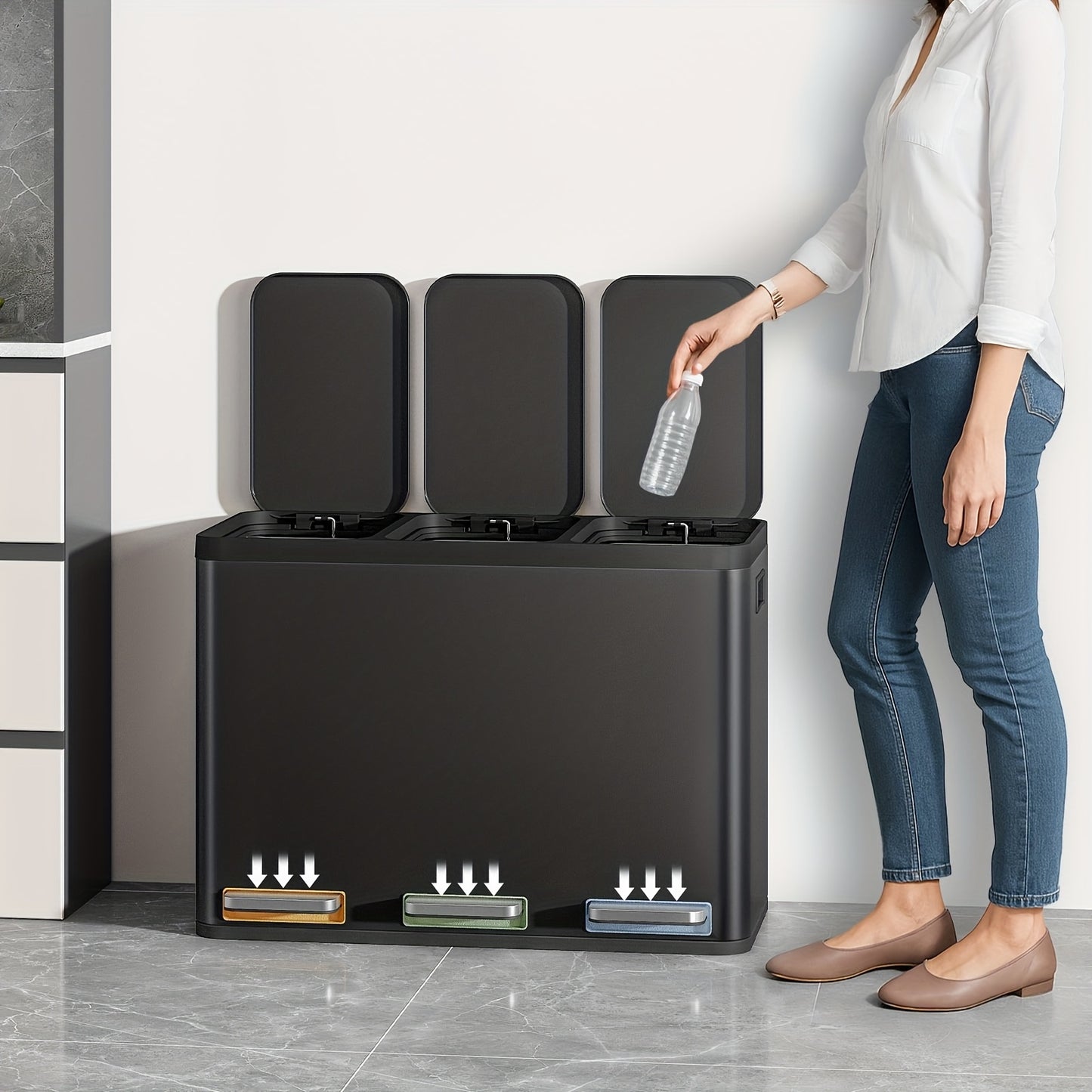 Kitchen Rubbish Bin, Waste Separation System, 3 Compartments, 45L (3 X 15L), Stainless Steel Kitchen Rubbish Bin, Pedal Bin with Colour-Coded Pedals, Rubbish Bin, Quiet Slow Descent, Black, Household Waste Management, Kitchen