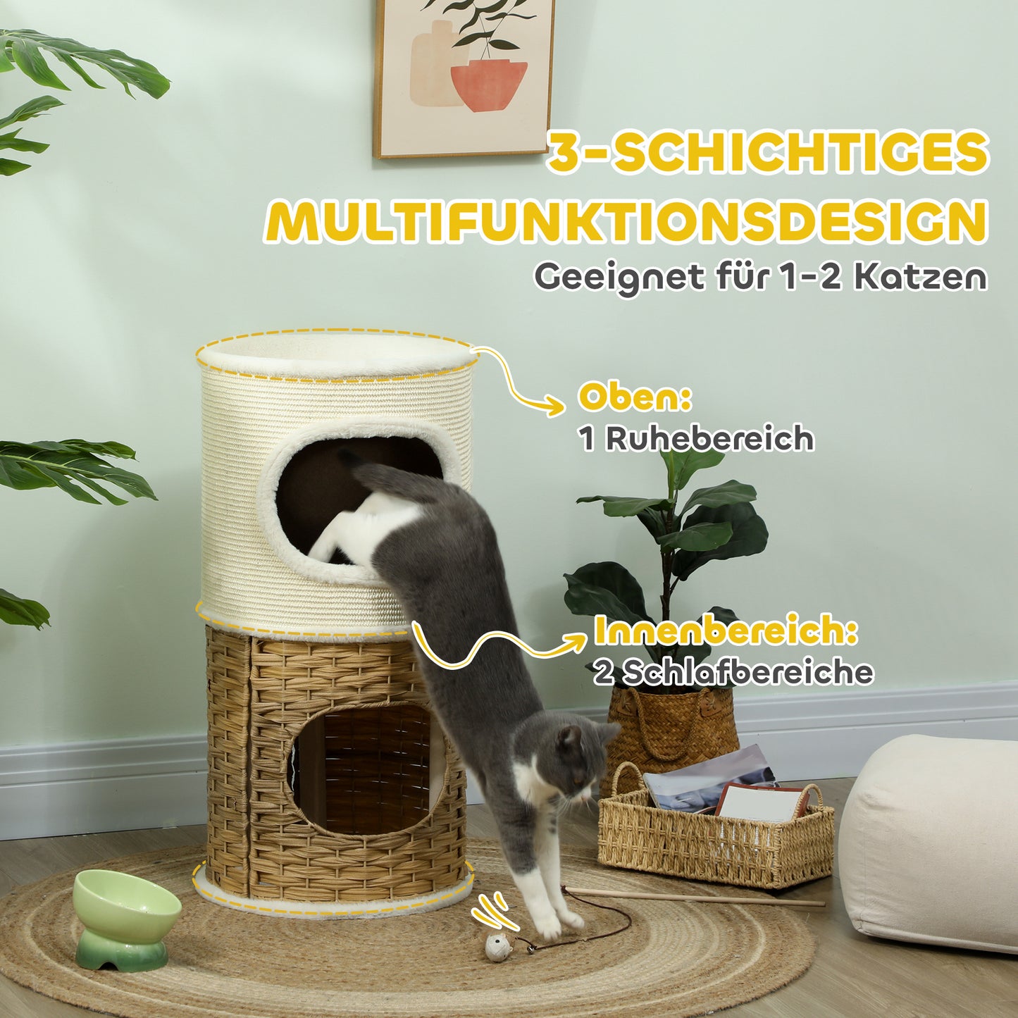 Krabpaal – Kattenkrabpaal – Kattenboom – Kattenparadijs – Krabmeubel – Crème Wit – 80 Cm Hoog – Driehoogwaardig Met Sisal Krabpaal
