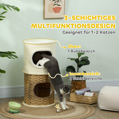 Katzenkrabpaal – Krabton – Kattenpaal – Kattenboom – Kattenhuis – Crèmewit – Drie Niveaus – Sisal Krabpaal – 80 cm Hoog – Ø 40 cm