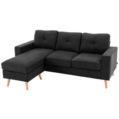 Hoekbank – 3-Zitsbank – Sofa – Loungebank – Chaise Longue – Zwart – Button Tufting – Compacte Afmetingen 193x136x85 CM