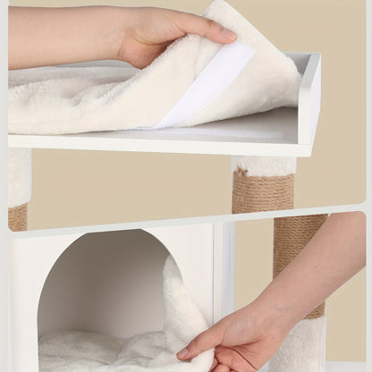 Kattenmeubel 4-in-1 – Kattenboom – Krabpaal – Kattenhuis – Kattenbakmeubel – Taupe – Ruim & Stabiel – Verstopte Kattenbak Met Sisal Krabpalen