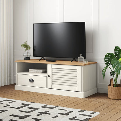 TV Meubel – TV Kast – TV Rek – TV Dressoir – TV Wandmeubel – Massief Dennenhout – Wit – Compact 106x40x40 cm – Praktische Opbergruimte