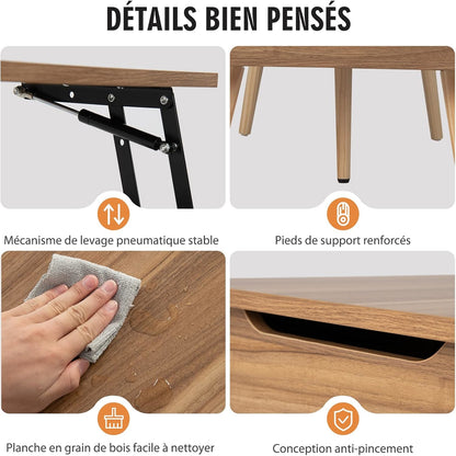 Verstelbare Salontafel – Koffietafel – Bijzettafel – Lounge Tafel – Eettafel – Met Twee Hefbare Trays – Inclusief Verborgen Opbergruimte