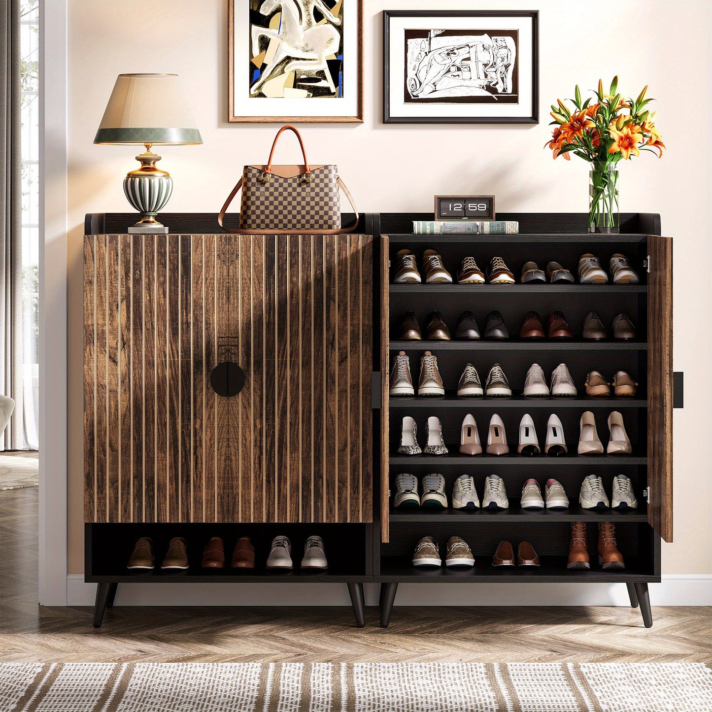 Schoenenkast – Schoenopberger – Schoenenrek – Schoenenschuifkast – Schoenmeubel – Rustic Brown Zwarte Afwerking – 6 Laags Met 3 Lades En 2 Deuren – Massief Hout En Kunststof Board – Compact 68,5 cm Hoogte