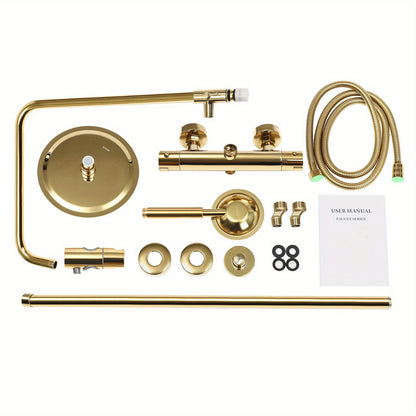 Doucheset – Regendouche – Handdouche – Douchegarnituur – Thermostaatkraan – Gouden Rond Design – Verstelbare Hoogte 70-110 cm – RVS & Messing