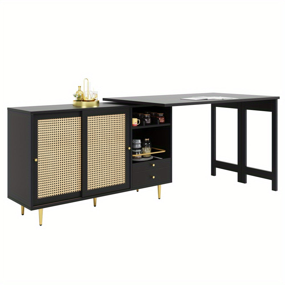 Uitklaptafel – Klaptafel – Vouwtafel – Bartafel – Eettafel – 360° Draaibaar – Uitschuifbaar Met Opbergruimte Rieten Deuren – Compact Modern Design – Duurzaam Niet-Hout Materiaal
