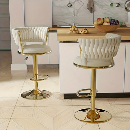 2pcs Luxury Velvet Bar Stools with Adjustable Height - Golden Metal Legs, Commercial Grade Design for Kitchen/Home Bar/Cafe - Durable And Space Saving (Easy to Clean)