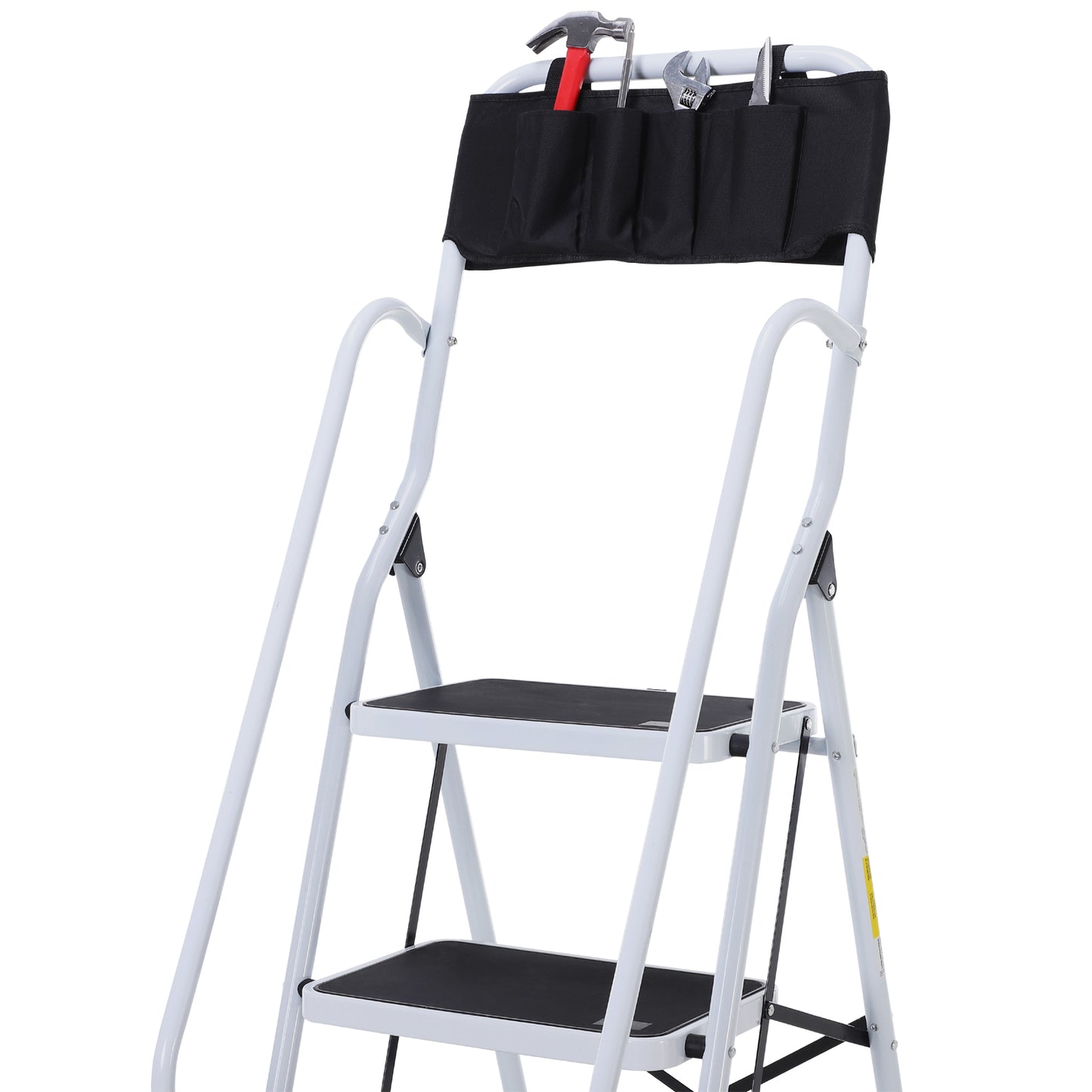 Opvouwbare Trap – Klimmiddel – Steiger – Werksteiger – Plofkraan – Stalen Frame – 4 XL Antislip Treden – Dubbele Handgrepen – Max 1,55 m Hoogte – Inclusief Gereedschapszak – Wit/Zwart