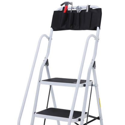 Opvouwbare Trap – Klimmiddel – Steiger – Werksteiger – Plofkraan – Stalen Frame – 4 XL Antislip Treden – Dubbele Handgrepen – Max 1,55 m Hoogte – Inclusief Gereedschapszak – Wit/Zwart