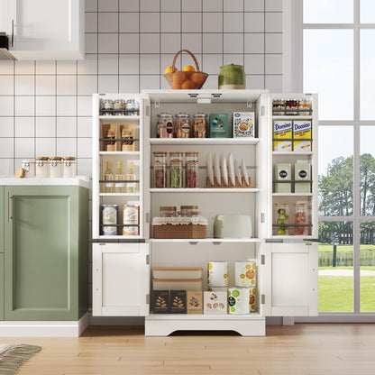 Sideboard, Crockery Cabinet with Adjustable Shelves | Upper Section for Food, Dishes, Spices; Lower Section for Appliances like Microwaves; Suitable for Kitchens, Dining Rooms, Living Rooms; White, Metal, Floor Mount, Modern