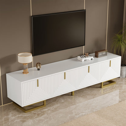 Modern Low-Profile TV Cabinet with Textured Doors & Golden Handles/Legs - -Standing Media Console, Ample Storage Space Suitable for, (No Wood)