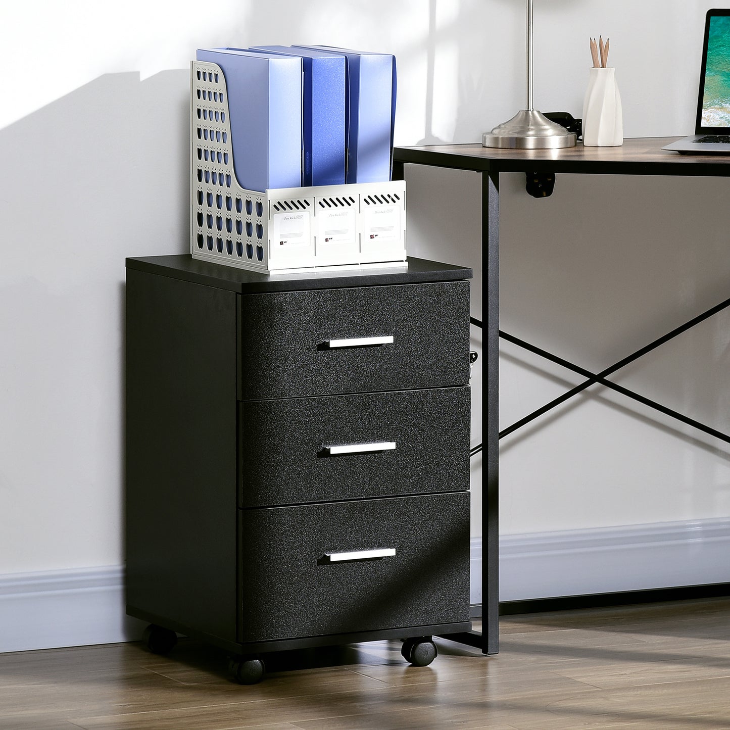 Bureaukast – Ladeblok – Opbergkast – Verrijdbare Kast – Bureau Organizer Zwart – 3 Gelockte Laden – Compact 40x40x61,5 cm