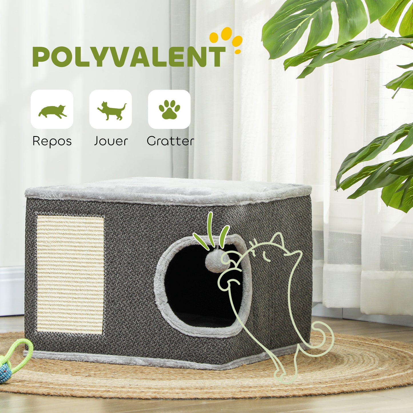 Krabton Kattenhuis Kattenkrabpaal Kattenmeubel Kattenhoek – Donkergrijs – Inclusief 2 Kussens – Sisal Krabvlak – Compact 45x45x35 cm – Pluche Zacht