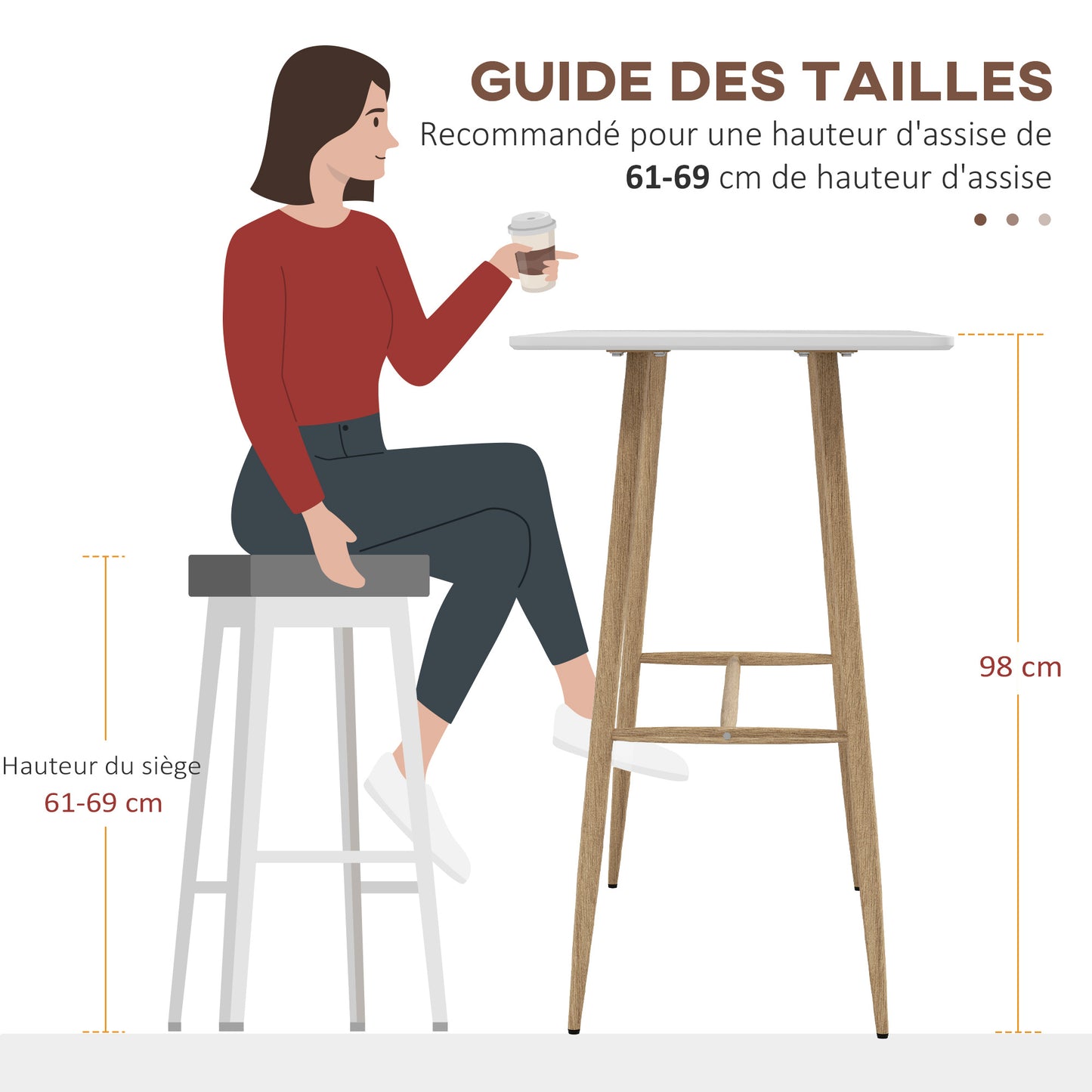Hoge Bartafel – Barkruk Tafel – Bar Eettafel – Sta Tafel – Bistrotafel – Wit Houtstructuur Blad – Stalen Poten – Compact 120x60x98 cm – Geschikt Voor 4 Personen