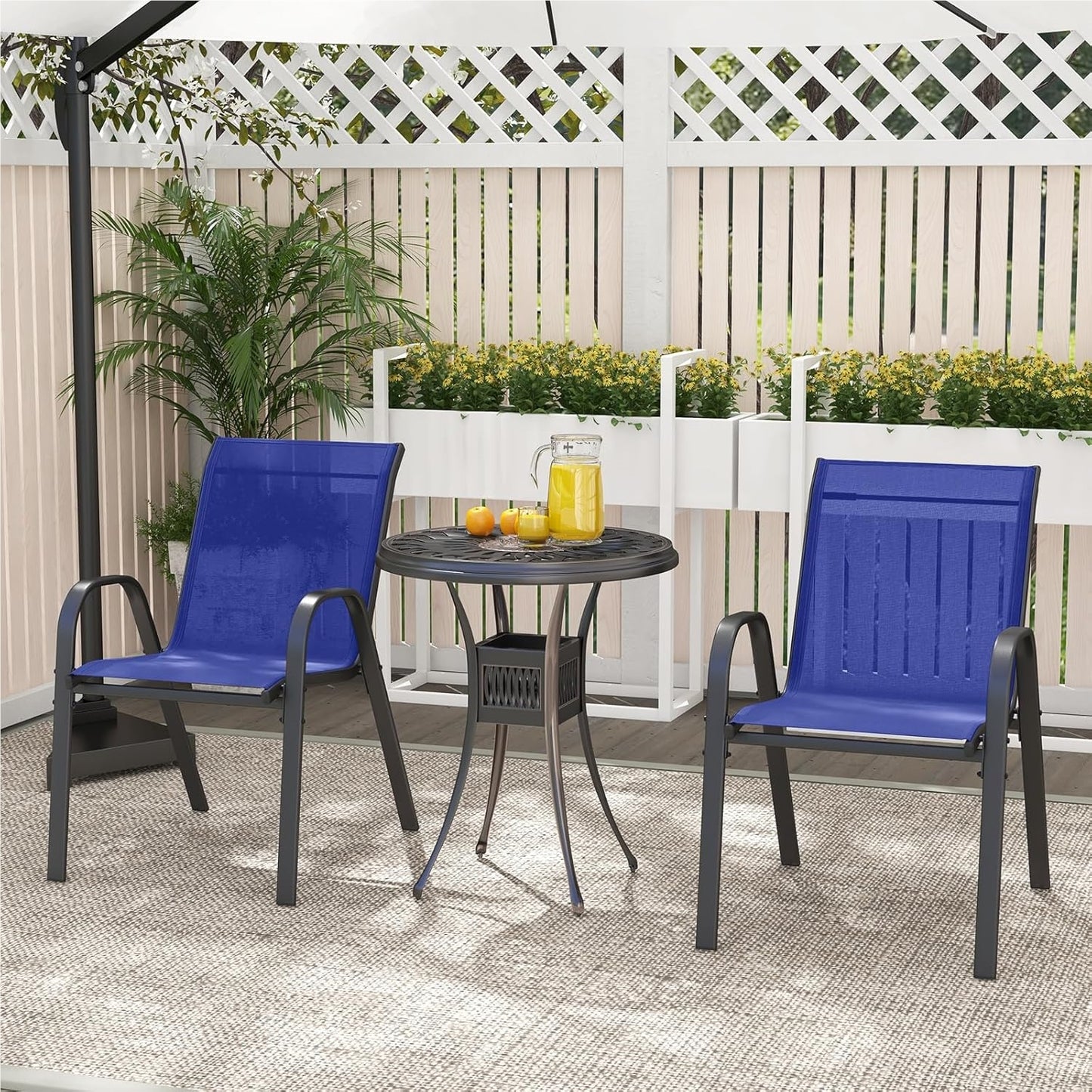Tuinstoelen – Tuinstoel Set – Balkonstoelen – Terrasstoelen – Stapelbare Stoelen – Blauw – Weerbestendig Textiel – Metalen Frame – Belastbaar Tot 150 kg – 56x70x84 cm