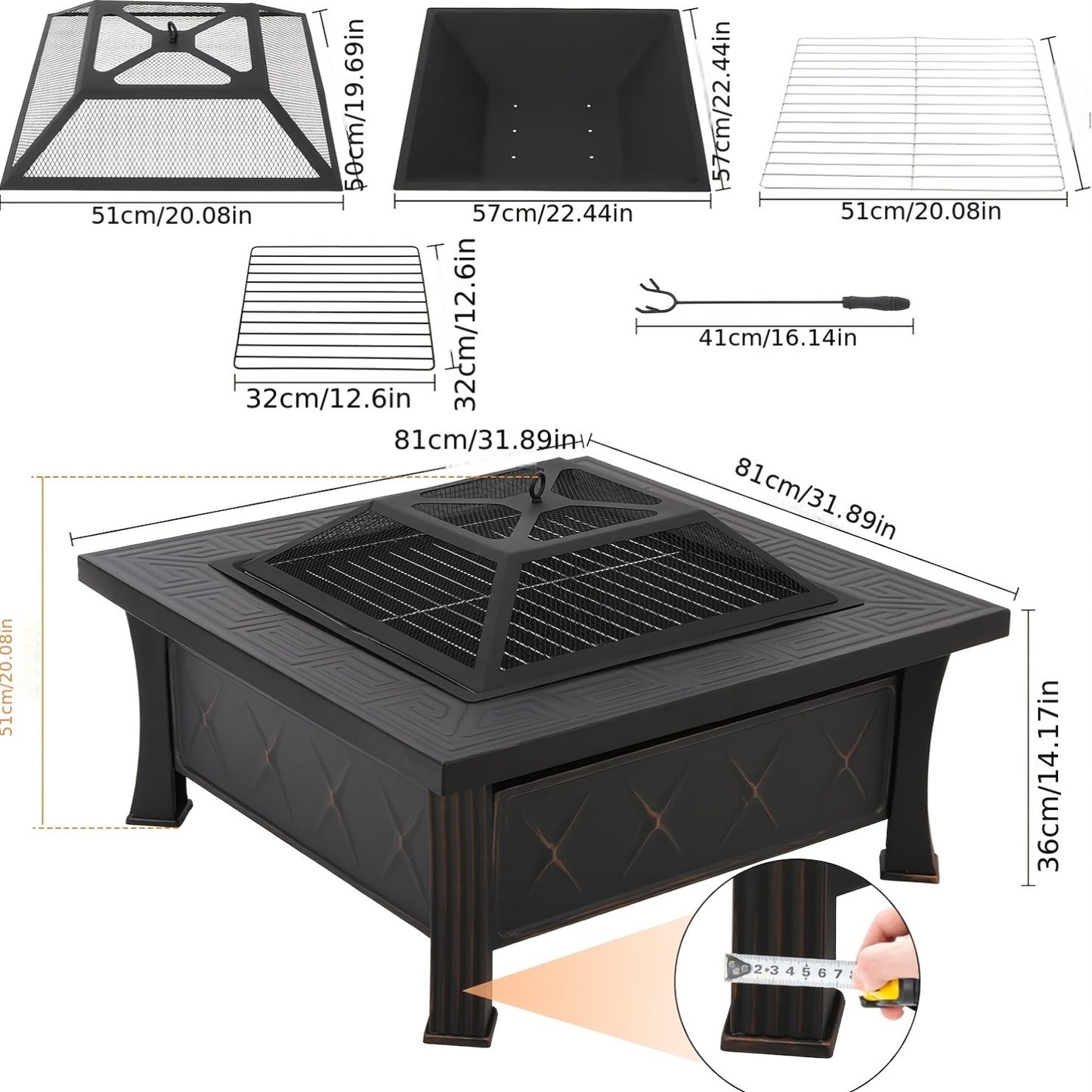 Vuurkorf – Tuinhaard – Vuurschaal – Buitenhaard – Vuurmand – Vierkant – Met Grillrooster En Vonkenscherm – 81x81x51 cm – Roestbestendig Metaal