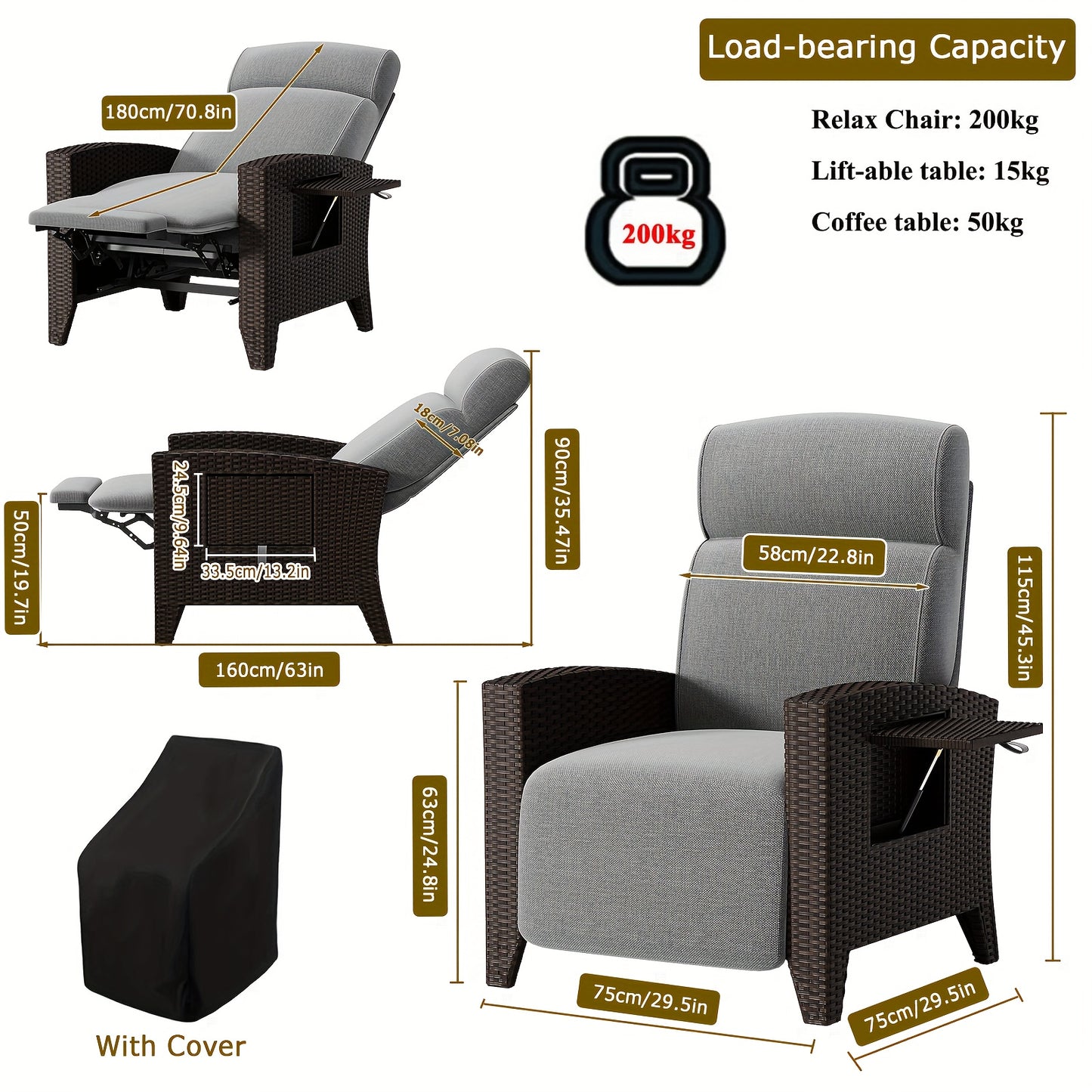 Loungestoel – Fauteuil – Tuinstoel – Relaxstoel – Schommelstoel – Verstelbare Rugleuning – Inklapbare Zijtafel – Rattan Metalen Frame – Draagvermogen 200 Kg