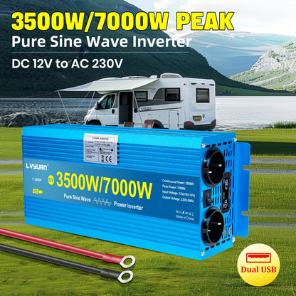 Sinusomvormer – Spanningsomvormer – Stroomomvormer – Omvormer 12V naar 220V – 3500W Continu – Pure Sinusgolf – 2 AC Stopcontacten – Dual USB Poorten – Aluminium Behuizing – LCD Display