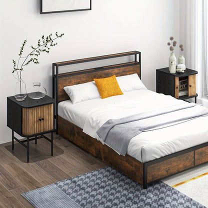 Nachtkastje – Bijzettafel – Ladekast – Nachtkastjes – Opbergkast – Zwart – Mid-Century Modern – Schuifdeuren – Compact Design – Hout en Metaal