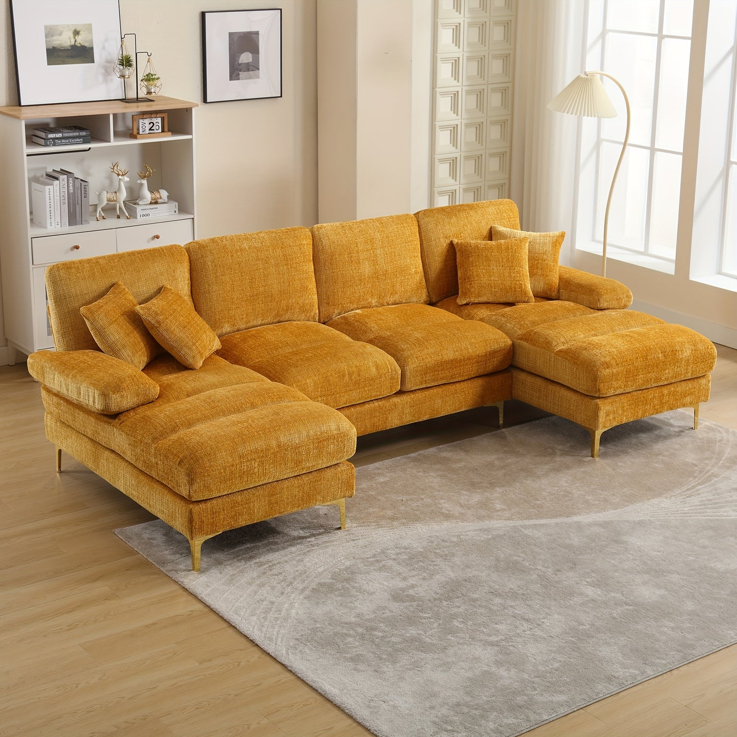 Hoekbank – U-Vormige Bank – Sectiebank – Loungebank – Slaapbank – Gele Chenille Stof – Dubbele Relaxfunctie – Stijlvol Modern Design