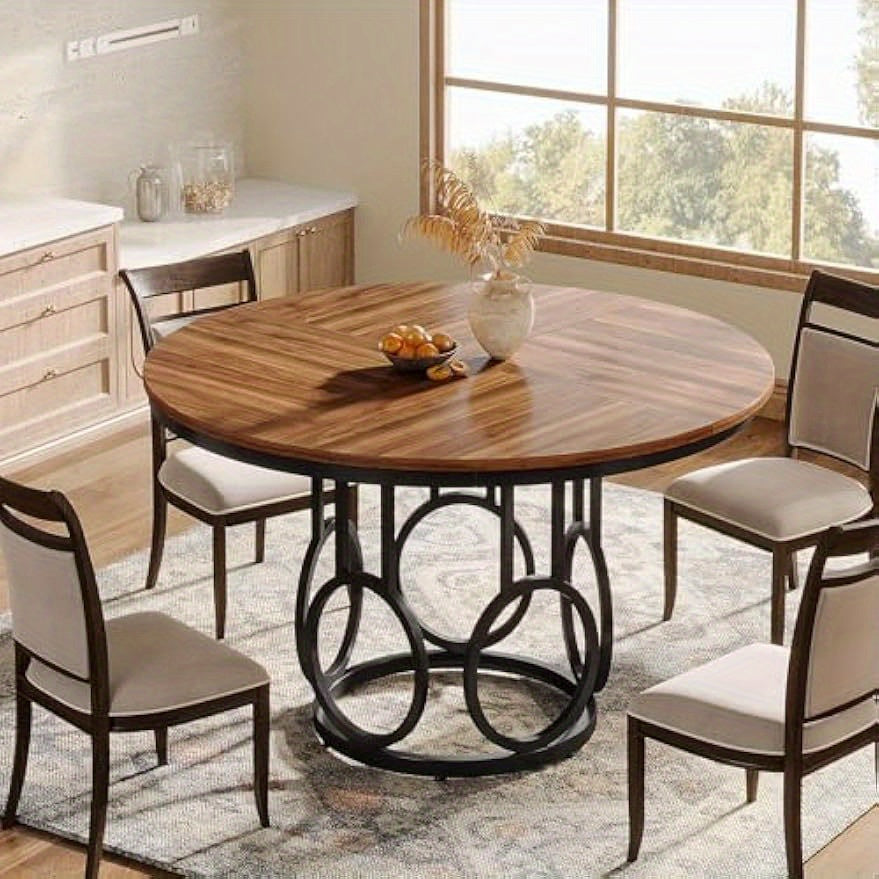 Ronde Eettafel – Ronde Tafel – Eetkamertafel – Keukentafel – Eethoek – MDF Met Walnootlook – Met Metalen Onderstel – 120 cm – Voor 4 Personen