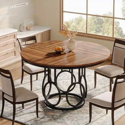 Eettafel – Ronde Tafel – Keukentafel – Eetkamertafel – Woonkamertafel – 120 cm Diameter – Stevig Metaal Onderstel – Bruin MDF Tafelblad Met Houtnerf