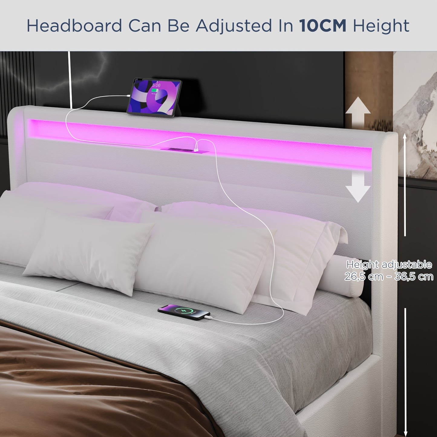 Bedframe – Tweepersoonsbed – Opbergbed – Gestoffeerd Bed – Led Bed – 140x200 cm – Met 4 Lades – USB RGB Verlichting