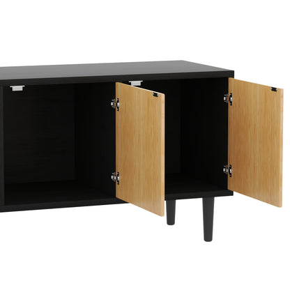 TV-meubel – Tv-kast – Lowboard – Media meubel – Entertainment kast – Zwart met bamboe – Laag design 150x38x55 cm – Ruime opbergruimte