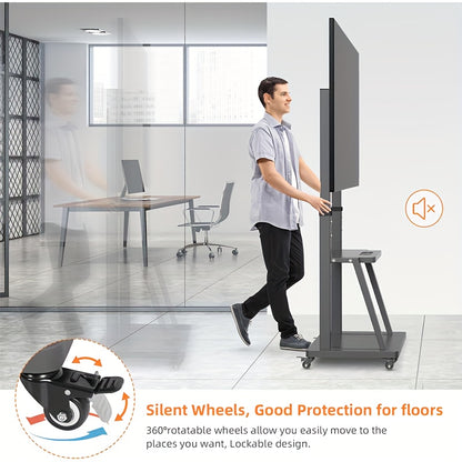 TV Meubel Mobiel – Mobiele TV Standaard – TV Trolley – Verrijdbare TV-Standaard – Verrijdbaar TV-Meubel – voor 32-100 inch Schermen – Verstelbare Hoogte – Stevig Metaal – max. 80 kg Draagkracht – 2 Opberglepels – VESA tot 800x600 mm