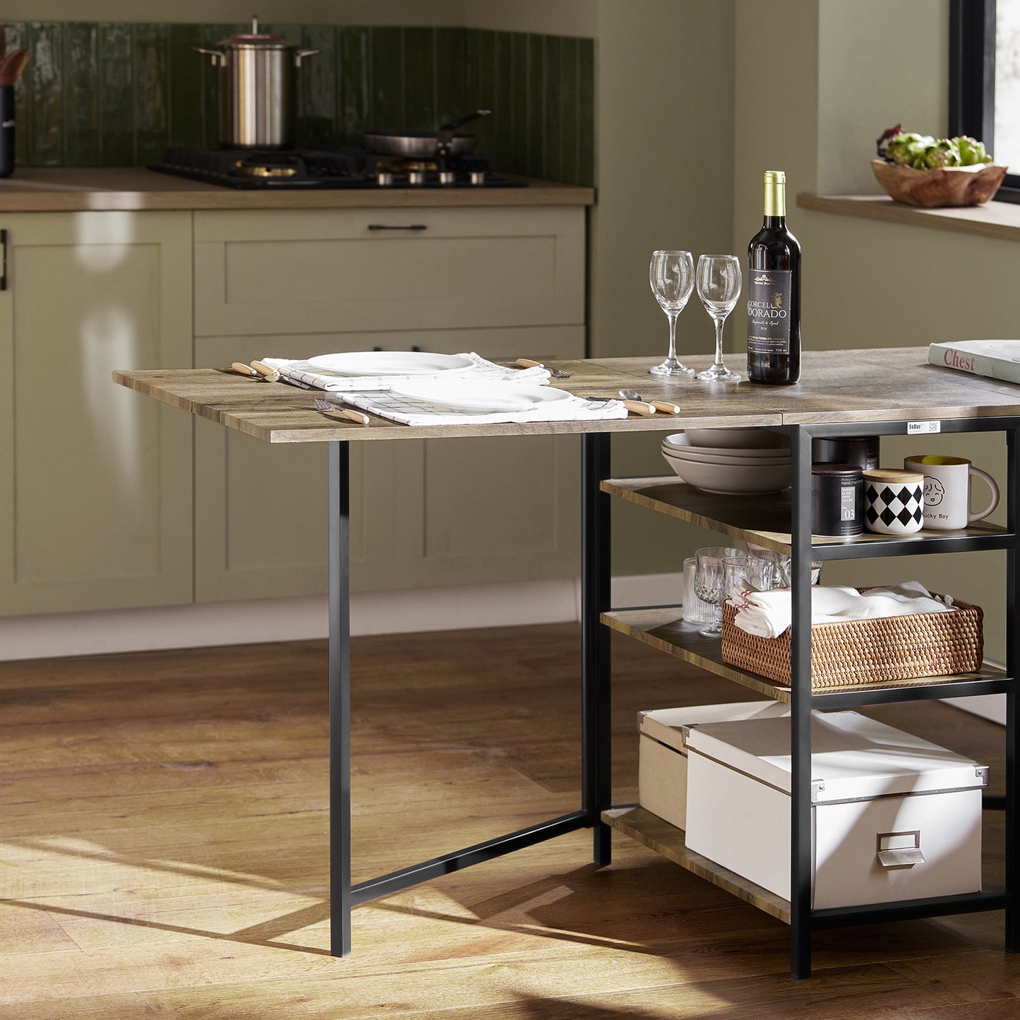 Vouwtafel – Klaptafel – Eettafel – Tuintafel – Houten Tafel – Uitschuifbaar – Met 3 Opbergrekken – Industrieel Design – 180x77x60 cm