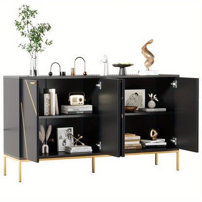 Buffetkast – Dressoir – Opbergkast – Kast – Buffet – Zwart Met Gouden Accenten – 4-Deurs Met Metalen Poten – Compact 80x150x40 Cm – Modern Lineair Design