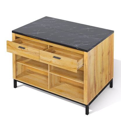 Keukenwagen – Keukentrolley – Keukenmeubel – Keukenkar – Eikenhoutdecor – Zwart Marmeren Werkblad – 120x75x90 cm – Met 2 Lades En 4 Open Planken