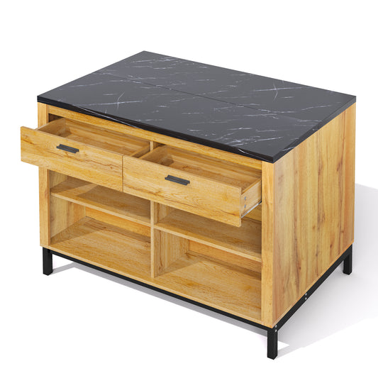 Keukenwagen – Keukentrolley – Keukenmeubel – Keukenkar – Eikenhoutdecor – Zwart Marmeren Werkblad – 120x75x90 cm – Met 2 Lades En 4 Open Planken