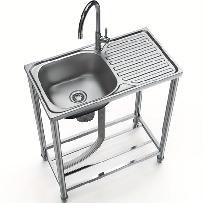 Roestvrijstalen Spoelbak Buiten – Tuinspoelbak – Mobiele Spoelbak – Buitenkraan – Enkele Bak – 75x40x80 cm – 304 RVS Materiaal – Mengkraan Warm/Koud