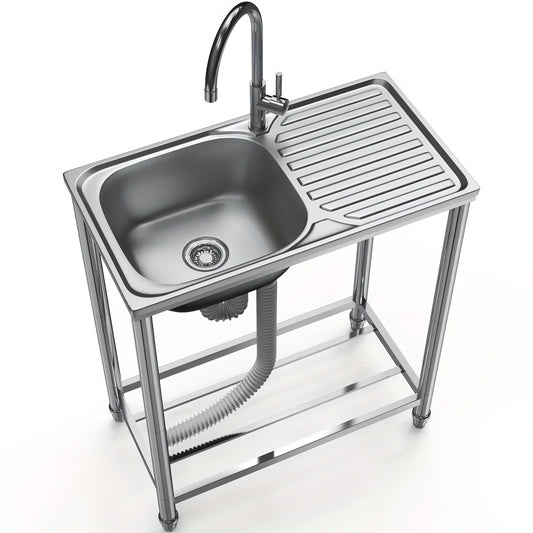 Roestvrijstalen Spoelbak Buiten – Tuinspoelbak – Mobiele Spoelbak – Buitenkraan – Enkele Bak – 75x40x80 cm – 304 RVS Materiaal – Mengkraan Warm/Koud