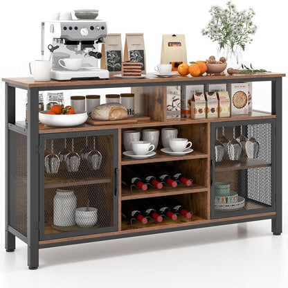 Sideboard – Dressoir – Keukenkast – Wandmeubel – Opbergkast – Met 2 Metalen Deuren – Wijnrek Met Glazenhouder – 140 x 40 x 82,5 cm – Robuust Metalen Frame – Ruime Open Vakken