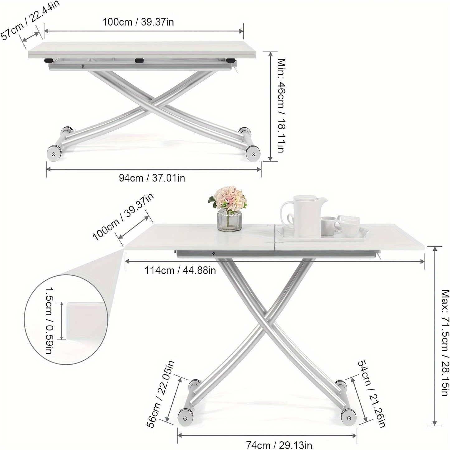 Verstelbare Eettafel – Multifunctionele Tafel – Koffietafel – Werkplek – Bijzettafel – Zwart Notenhout – Stabiel Metalen Frame – Hoogte Verstelbaar