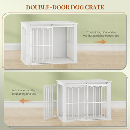 Hondenbench – Hondenkooi – Hondenhok – Hondenrek – Huisdier Bench – Met Zijtafel – Dubbele Deuren – Geschikt Voor Kleine en Middelgrote Honden – Wit Met Houtlook – Stevig Metaal en Waterbestendig Spaanplaat