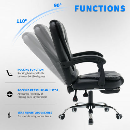 Bureaustoel – Office Chair – Werkstoel – Computestoel – Bureaustoel Verstelbaar – Memory Foam Kussens – Uitschuifbare Voetensteun – Zwart/Grijs