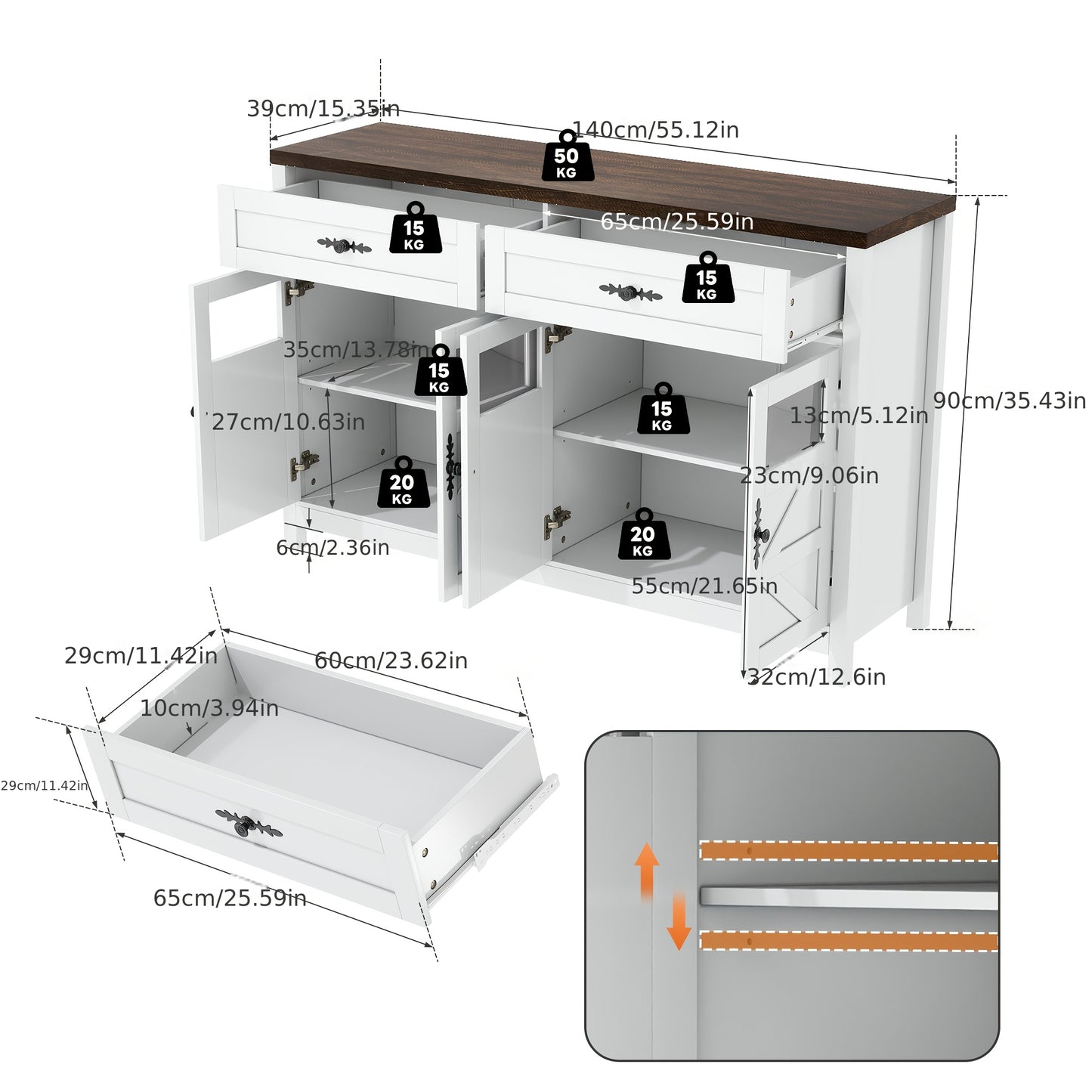 Dressoirkast – Sideboard – Opbergkast – Buffetkast – Kastenmeubel – Wit – 140 cm lang – Bamboe – Duurzaam – 4 Deuren – 2 Lades – Modern – Minimalistisch – Multifunctioneel